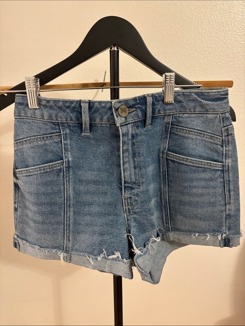Women's Blue Denim Distressed Raw-Hem Jean Shorts